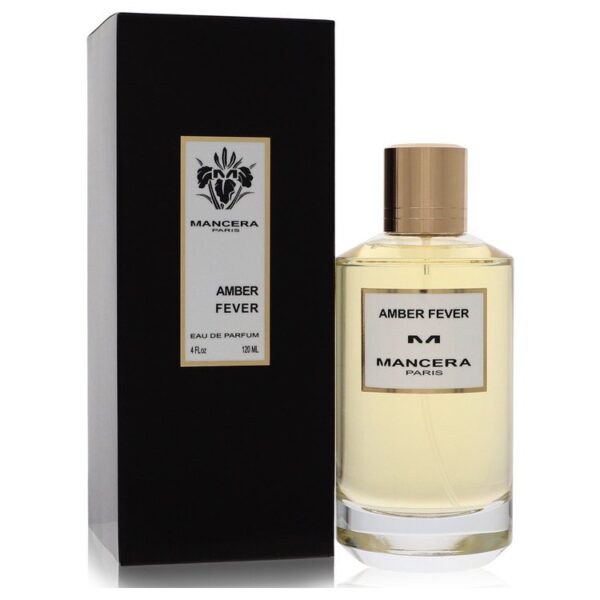 בקבוק בושם "אמבר פיבר" של מנצ'רה, מכיל 120 מ"ל של Eau de Parfum, עם עיצוב אלגנטי ושחור.