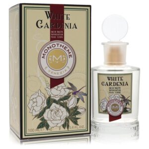 תמונת בקבוק בושם "White Gardenia" של Monotheme Venezia, עם עיצוב קלאסי וצבעים רכים. הבושם הוא Eau de Toilette בנפח 100 מ"ל, מיועד לנשים ומציע ניחוח פרחוני מרענן.