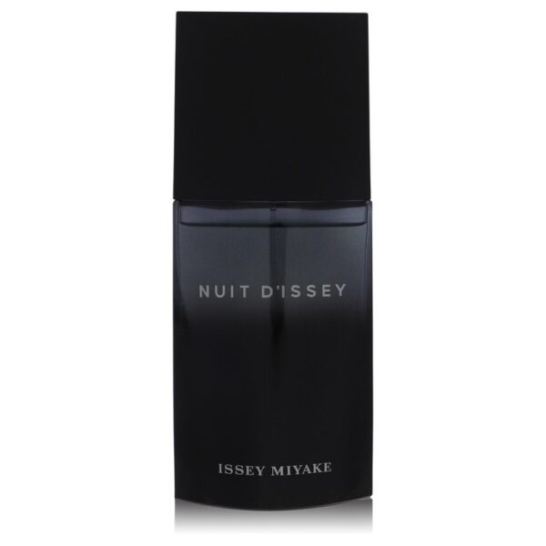 בקבוק בושם Nuit d'Issey של איסי מיאקה, בעל עיצוב מודרני בצבע שחור עם כיתוב כסוף.
