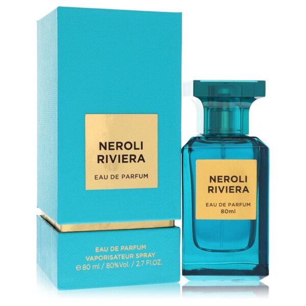 בקבוק של נרולי ריביירה, בושם באו דה parfum בנפח 80 מ"ל, עם אריזת קרטון בצבע טורקיז ולוגו מוזהב.