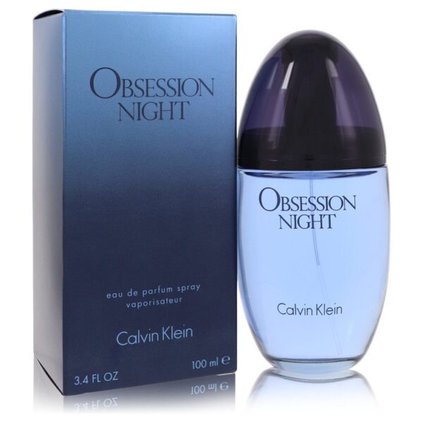 בקבוק ובושם של קלווין קליין בשם "Obsesssion Night", בנפח 100 מ"ל, מציג עיצוב אלגנטי בצבעים כחולים ושחורים.