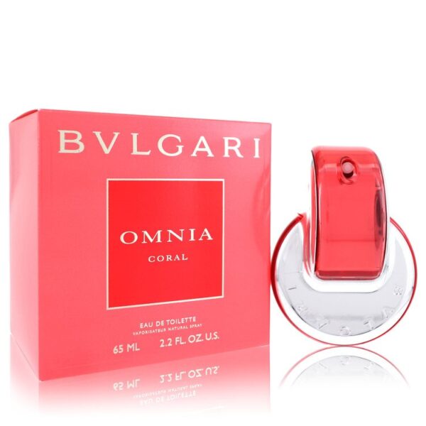 בקבוק בושם BVLGARI OMNIA CORAL בנפח 65 מ"ל, עם עיצוב מודרני ואותנטי, המוצג בתוך קופסה אדומה.