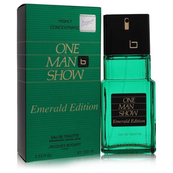 בקבוק ובית של בושם "One Man Show Emerald Edition" של ז'אק בוגארט, 100 מ"ל, עם עיצוב ירוק ומודרני.