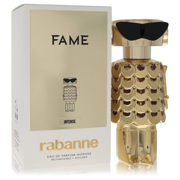 בקבוק בשמים "FAME" של רבאן, בעיצוב ייחודי ומבריק, עם תווית "INTENSE". הבושם הוא Eau de Parfum אינטנסיבי, ניתן לטעינה ומילוי חוזר.