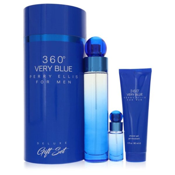 סט מתנה לגברים 360° VERY BLUE של פרי אליס, כולל בושם בגודל מלא, בושם קטן וג'ל רחצה, אריזות בצבע כחול עם עיצוב מודרני.