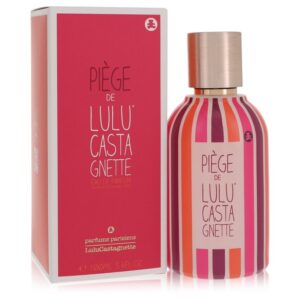 בקבוק בושם "Pïége de Lulu Casta Gnett" בנפח 100 מ"ל, בעיצוב צבעוני עם פסים, מציג את המותג "LuluCastagnette". הבושם הוא Eau de Parfum, מתאים לשימוש יומיומי ומקנה ניחוח פריזאי ייחודי.