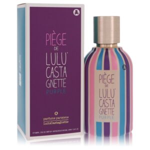 בקבוק בושם "Piège de Lulu Casta Gnette Purple" עם עיצוב צבעוני, כולל אריזת קרטון תואמת. הבושם הוא של מותג פרפיום פריזאי.