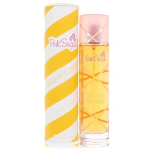 בקבוקון בושם Pink Sugar Creamy Sunshine עם אריזת קרטון בצבעים צהוב ולבן. הבושם הוא Eau de Toilette בנפח 100 מ"ל.
