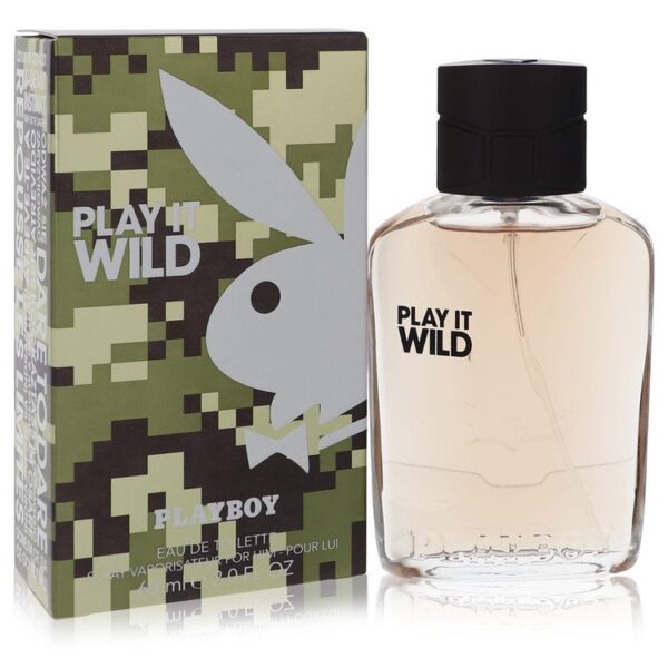 בקבוק ובית של בושם "Play It Wild" של חברת פלייבוי, בעיצוב צבאי עם לוגו של ארנב. הבושם הוא Eau de Toilette לגברים בנפח 100 מ"ל.