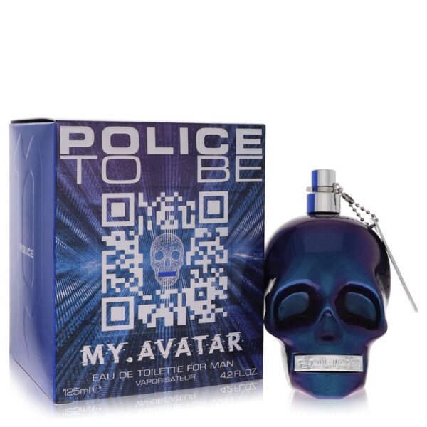 בושם גברים "Police To Be My Avatar" באריזת קרטון כחולה עם עיצוב גולגולת ייחודי, בנפח 125 מ"ל.