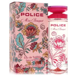 תמונה של בושם "Miss Bouquet" מבית POLICE, אריזת קרטון מעוטרת בפרחים צבעוניים ובקבוק זכוכית שקוף בנפח 100 מ"ל.