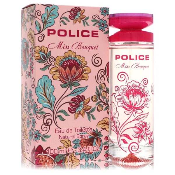 תמונה של בושם "Miss Bouquet" מבית POLICE, אריזת קרטון מעוטרת בפרחים צבעוניים ובקבוק זכוכית שקוף בנפח 100 מ"ל.