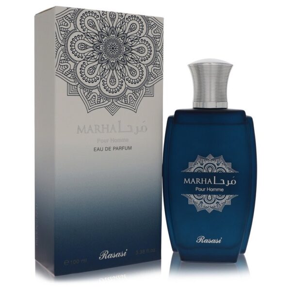 בקבוק בשמים MARHAL Pour Homme של Rasasi, בעיצוב אלגנטי בצבע כחול כהה עם מכסה מתכתי, מצוין לגברים. האריזות כוללות פרטים מעוצבים ומעוררי השראה. 100 מ"ל של Eau de Parfum.