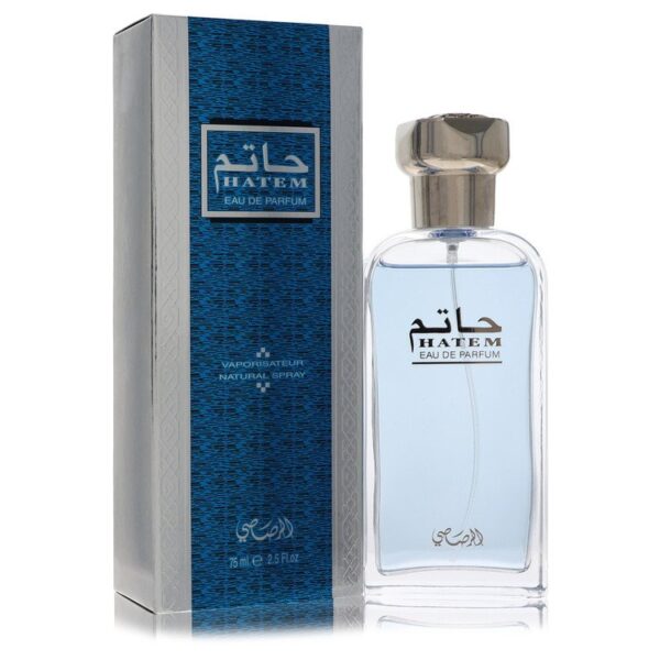 בקבוק בושם Hatem עם תווית מעוצבת, מכיל 75 מ"ל של Eau de Parfum, עם עיצוב מודרני וצבעים כחולים ומבריקים.