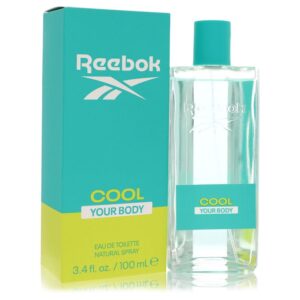 בקבוק ואריזת בושם "Reebok Cool Your Body" בנפח 100 מ"ל, עיצוב מודרני בצבעים טורקיז וצהוב, מתאים לשימוש יומיומי.
