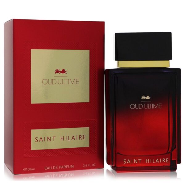 בקבוק בשמים Oud Ultime של Saint Hilaire, בעיצוב יוקרתי עם צבעים אדומים ושחורים, מכיל 100 מ"ל של Eau de Parfum.