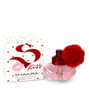 בקבוקון בושם "S Kiss" של שakira, עם עיצוב צבעוני וחדשני, מכיל 50 מ"ל של Eau de Toilette. הבושם מגיע באריזת קרטון לבנה עם נקודות אדומות ולוגו בולט.
