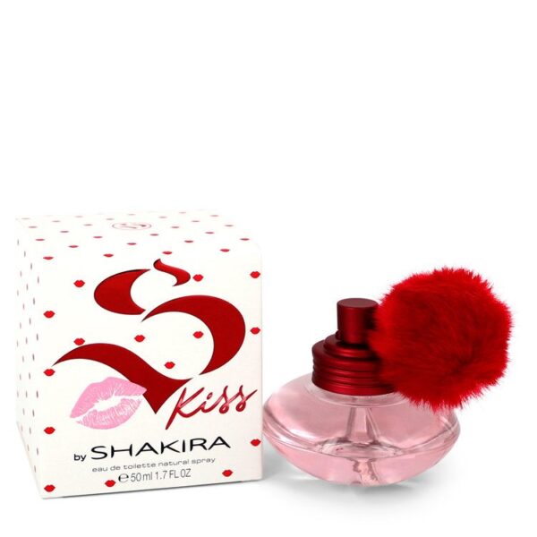 בקבוקון בושם "S Kiss" של שakira, עם עיצוב צבעוני וחדשני, מכיל 50 מ"ל של Eau de Toilette. הבושם מגיע באריזת קרטון לבנה עם נקודות אדומות ולוגו בולט.