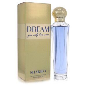 בקבוק בשמים של שakira בשם "Dream" עם אריזת קרטון מזהב וגרפיקה בכחול, בנפח 80 מ"ל.