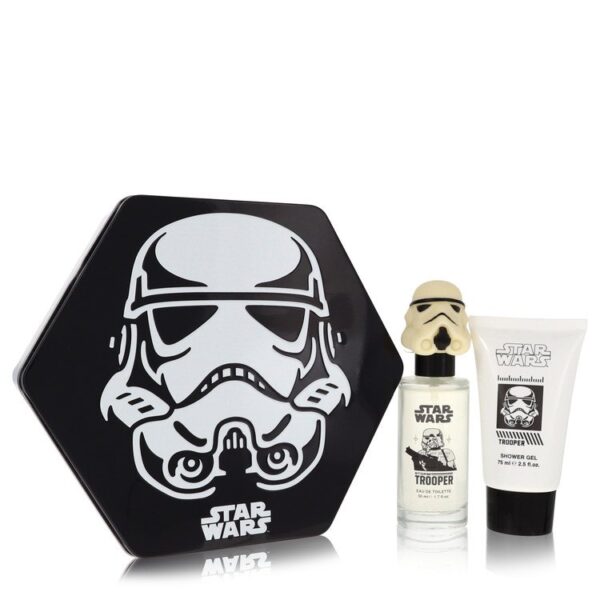 סט מוצרי טיפוח בסגנון Star Wars, כולל בושם ושמפו, באריזת פח עם עיצוב של חייל סער.