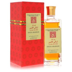 שמן בושם מרוכז Layali El Ons של Swiss Arabian, 95 מ"ל, ללא אלכוהול, באריזת קרטון אדומה עם עיטורים פרחוניים.