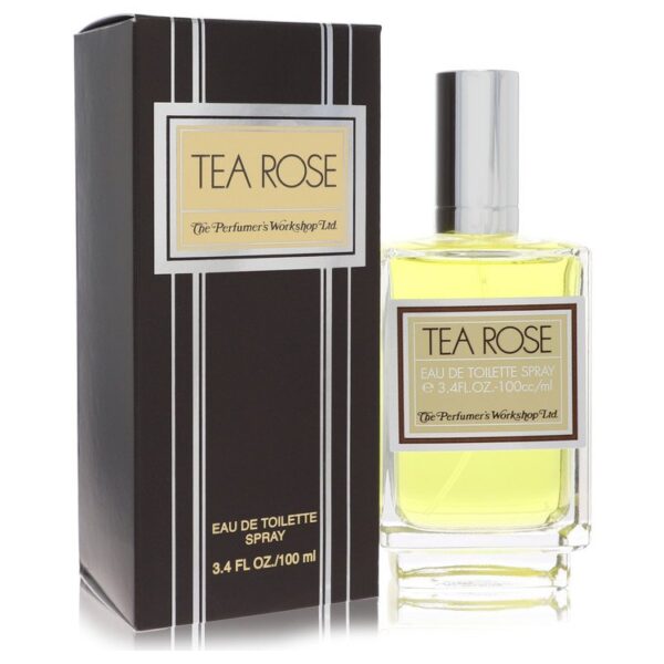 בקבוק ריח "Tea Rose" של The Perfumer's Workshop, 100 מ"ל, באריזת קרטון שחורה עם פרטים מזהים על המוצר.