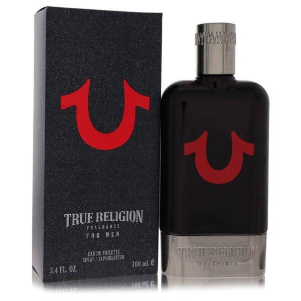 בקבוק בושם True Religion לגברים, 100 מ"ל, עם עיצוב מודרני בצבעים שחור ואדום. אריזת קרטון מעוצבת עם לוגו החברה.