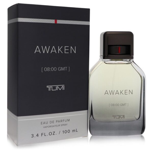 בקבוק בושם "AWAKEN" של TUMI, 100 מ"ל, עם אריזת קרטון מעוצבת, מתאים לשימוש יומיומי, ניחוח רענן ומעורר.