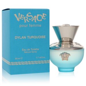 בקבוק בשמים של ורסצ'ה דילן טורקיז, 50 מ"ל, Eau de Toilette, עם עיצוב ייחודי וצבעים של טורקיז וכסף.