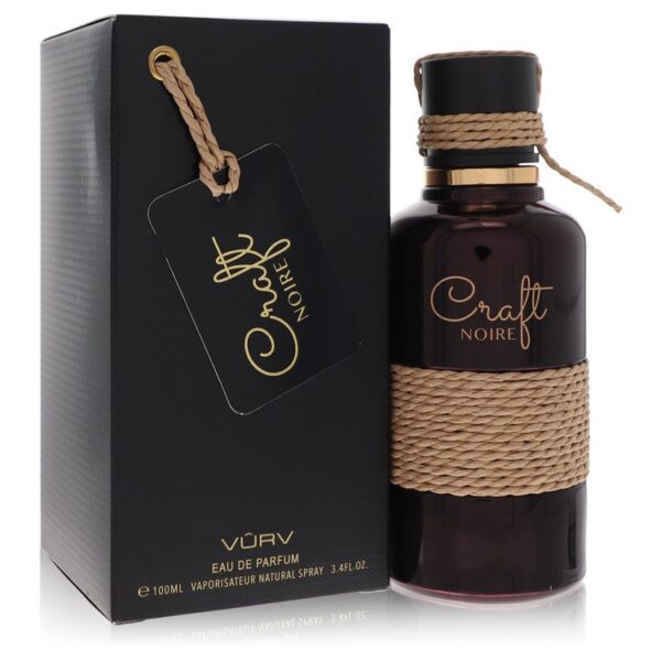 בקבוק בושם Craft Noire של VÜRV, 100 מ"ל, בעיצוב אלגנטי עם תווית מעוצבת ורצועת חוט טבעי סביב הבקבוק, מציג את המוצר עטוף בקופסה שחורה.