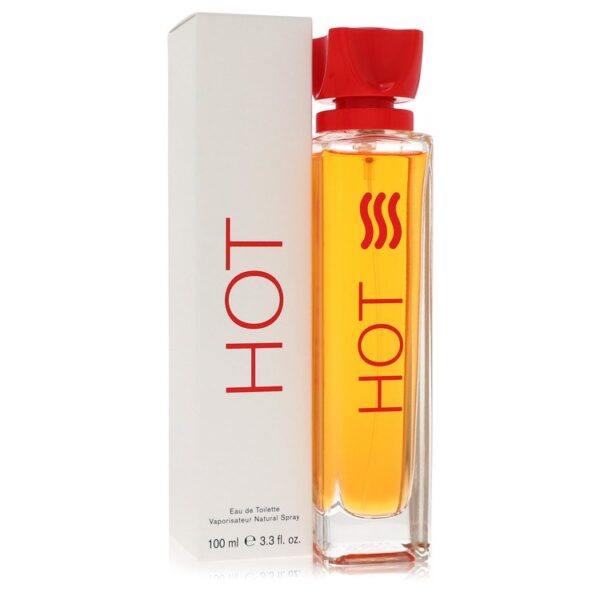 בקבוק של בושם "HOT" בנפח 100 מ"ל, עם עיצוב מודרני ופתיחה אדומה, מונח לצד קופסה לבנה.