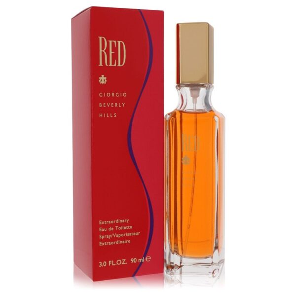 בקבוק בושם "רד" של ג'ורג'יו Beverly Hills, Eau de Toilette בנפח 90 מ"ל, עם עיצוב אלגנטי וצבע נעים.