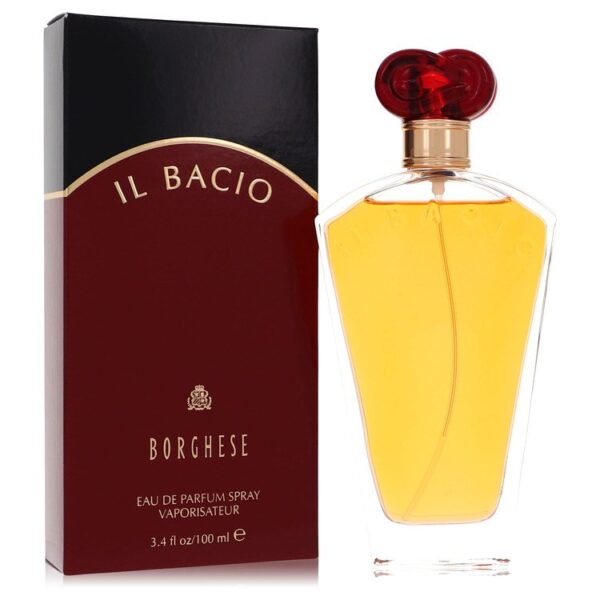 בקבוק בושם "IL BACIO" מבית בורגהזה, בנפח 100 מ"ל, עם עיצוב ייחודי וכמוסה ריח מתוקה ונעימה.