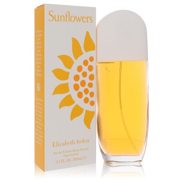 בושם "Sunflowers" של אליזבת ארדן, בתצוגת בקבוק שקוף עם פקק לבן, מלווה באריזת קרטון מעוצבת בצבעים צהובים ולבנים, המתארת פרח חמנייה. הבושם הוא Eau de Toilette בנפח 100 מ"ל, מציע ריח פרשי ונשי.