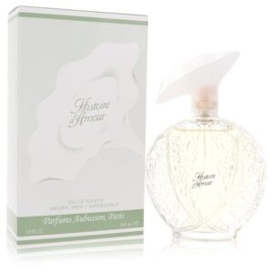 בקבוק בושם "Histoire d'Amour" של המותג Parfums Aubusson, פריז, בנפח 100 מ"ל, עם עיצוב אלגנטי ואריזת קרטון לבנה.