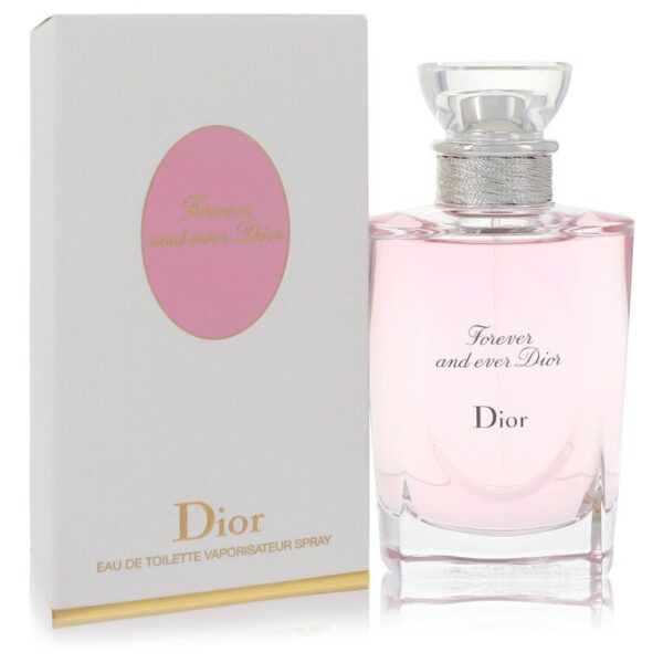 בקבוק בושם "Forever and ever Dior" עם אריזת קרטון לבנה וורודה, מיועד לנשים, מספק ניחוח רענן ואלגנטי.