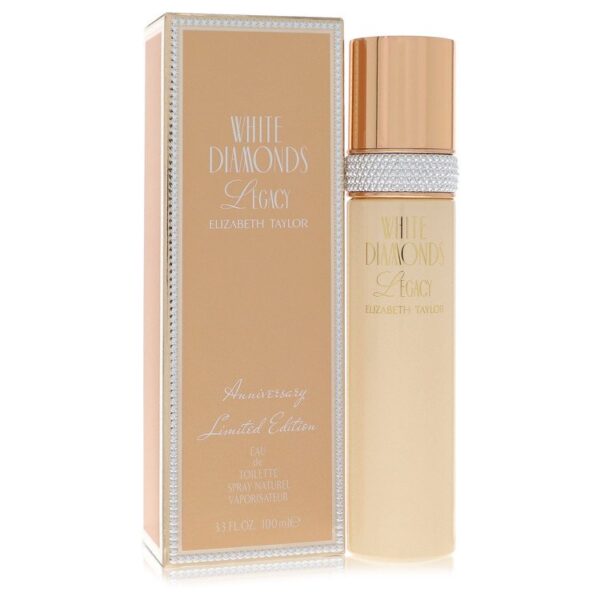 בקבוק של בושם "White Diamonds Legacy" של אליזבת טיילור, מהדורה מוגבלת, בעיצוב יוקרתי ואלגנטי, כולל אריזת מתנה מעוטרת בשיבוצים.