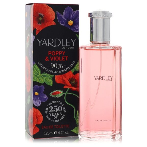 בקבוק של בושם "Yardley London Poppy & Violet" בנפח 125 מ"ל, עם רכיבים טבעיים ב-90%. הבושם מצוין עבור נשים, עם אריזת קרטון מעוטרת בפרחים צבעוניים, חוגג 250 שנה של ניחוחות עדינים.