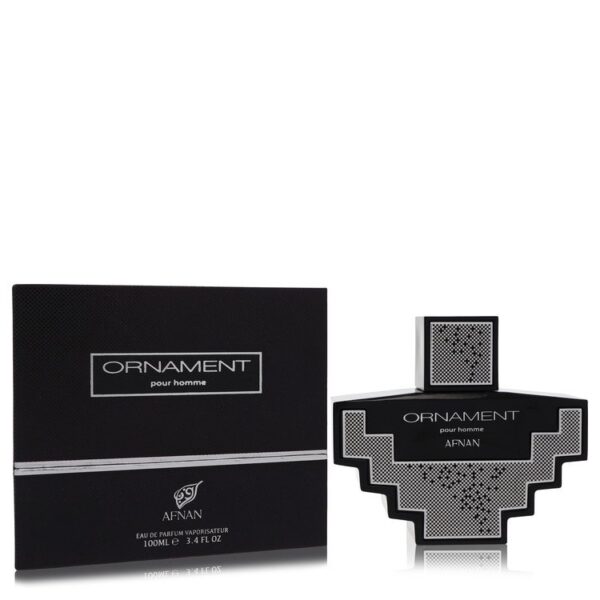 בקבוק בושם "ORNAMENT pour homme" של AFNAN, 100 מ"ל, בעיצוב מודרני עם אריזת קרטון שחורה.