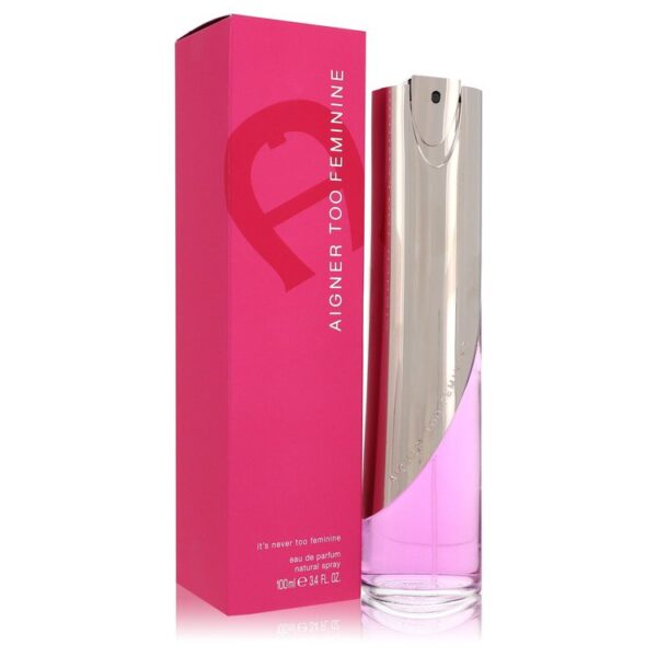 בקבוק של בושם Aigner Too Feminine עם אריזת קרטון ורודה, 100 מ"ל, ניחוח נשי ואופנתי.