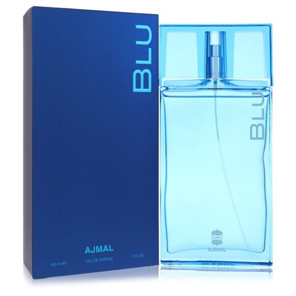 בקבוק בושם "AJMAL BLU" בגודל 90 מ"ל, עם עיצוב כחול מודרני ואריזת קרטון תואמת.