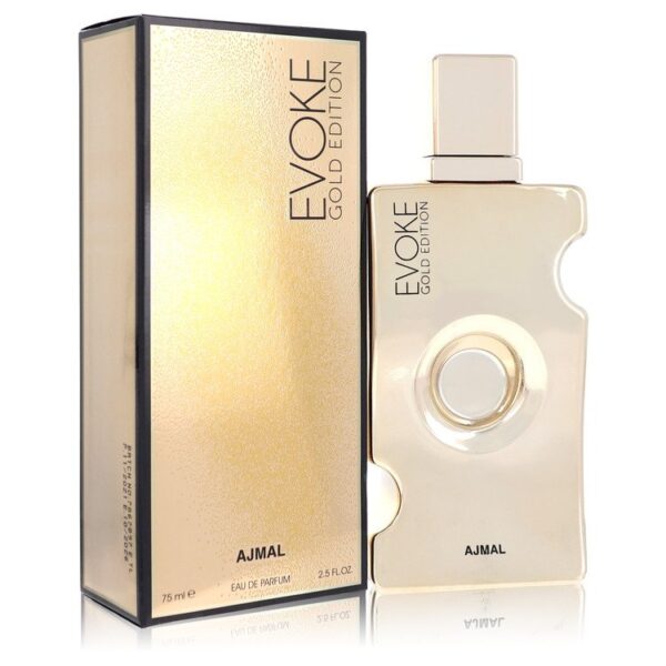 בקבוק בושם "Evoke Gold Edition" של Ajmal בנפח 75 מ"ל, עם עיצוב ייחודי ומרשים בצבעים זהב ושקוף, מציע ניחוח יוקרתי ומתוחכם.