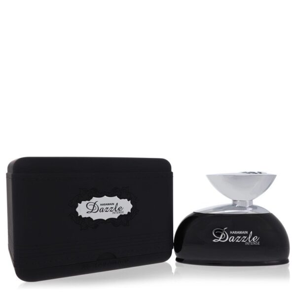 בקבוק בושם Dazzle Intense של המותג Harmain, מעוצב בשחור עם מכסה כסוף, מונח לצד קופסה שחורה.