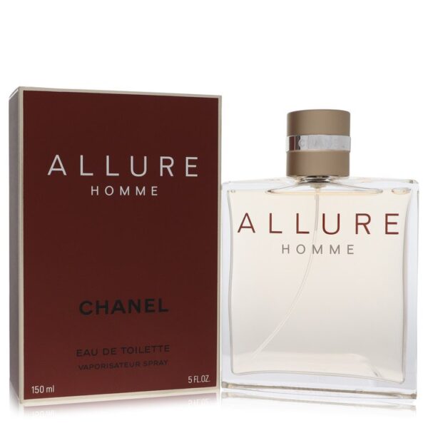 תמונת הבושם "Allure Homme" של שאנל, כולל את הבקבוק השקוף עם מכסה מתכתי ואת הקופסה החומה. הבושם הוא Eau de Toilette בנפח 150 מ"ל.