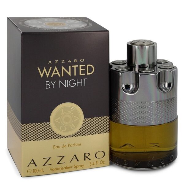 בקבוק בושם Azzaro Wanted By Night בנפח 100 מ"ל, עם עיצוב ייחודי ומרשים, מתאים לשימוש בערב.
