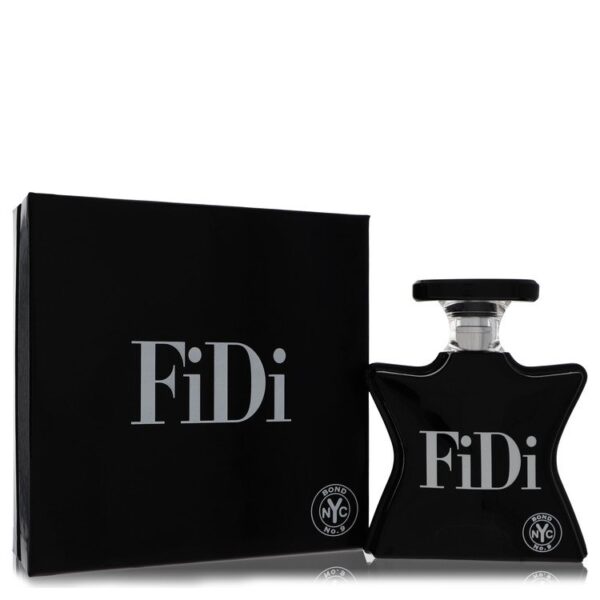 בקבוק בושם FiDi של Bond No. 9, בעיצוב ייחודי בצורת כוכב, עם אריזת קרטון שחורה.