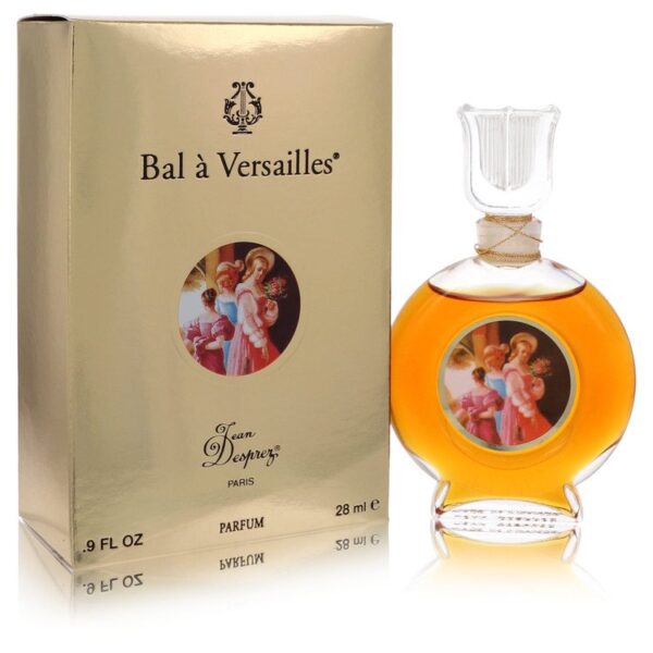בקבוק בושם Bal à Versailles עם אריזת זהב, מכיל 28 מ"ל, מעוצב על ידי ז'אן דספרה, מציג תמונה רומנטית על הבקבוק.