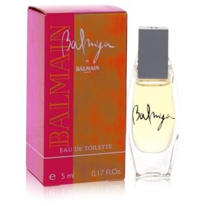 בקבוקון של בושם "Balmy" מבית Balmain, בשווי 5 מ"ל, עם עיצוב ייחודי ואריזת קרטון צבעונית.
