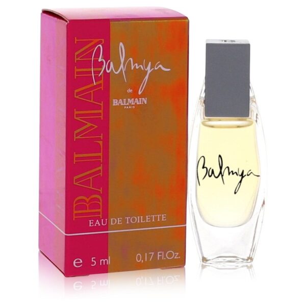 בקבוקון של בושם "Balmy" מבית Balmain, בשווי 5 מ"ל, עם עיצוב ייחודי ואריזת קרטון צבעונית.