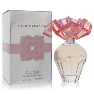 בקבוק בושם BCBGMAXAZRIA בעיצוב פרחוני עם מכסה צבעוני, מכיל 100 מ"ל של Eau de Parfum. מתאים לשימוש יומיומי ומעניק ריח מתוק ורענן.